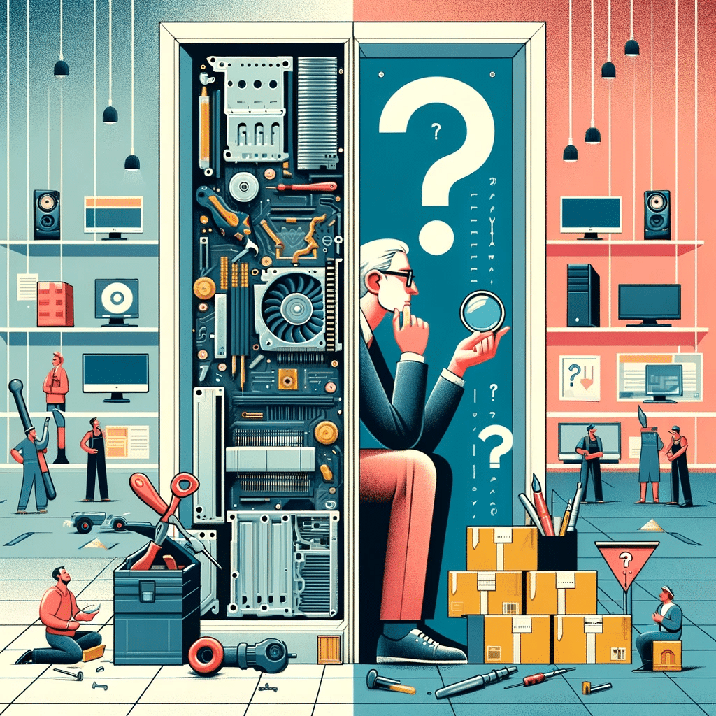 A person contemplating whether to repair or replace their computer, surrounded by tools and a new computer.