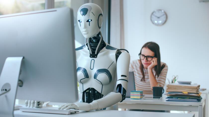 Disappointed stressed woman and AI robot in the office
