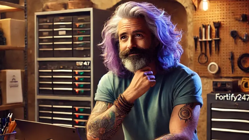 Clive, a friendly middle-aged man with long purple and blue hair,, is working on a laptop in the Fortify247 Workshop