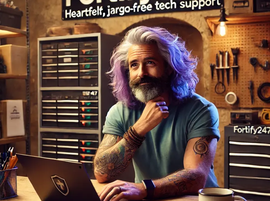 Clive, a friendly middle-aged man with long purple and blue hair,, is working on a laptop in the Fortify247 Workshop